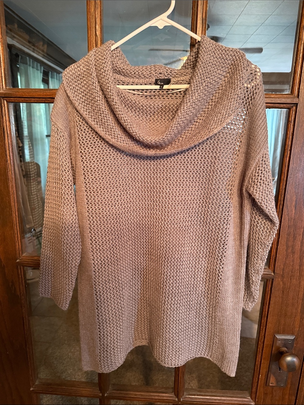 6 by six Women Taupe Open Knit Cowl Neck Tunic Sweater Size M‎ Long Sleeve